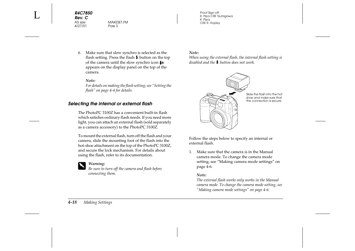 Selecting the internal or external flash, Selecting the internal or external flash -18 | Epson PhotoPC 3100Z User Manual | Page 80 / 143