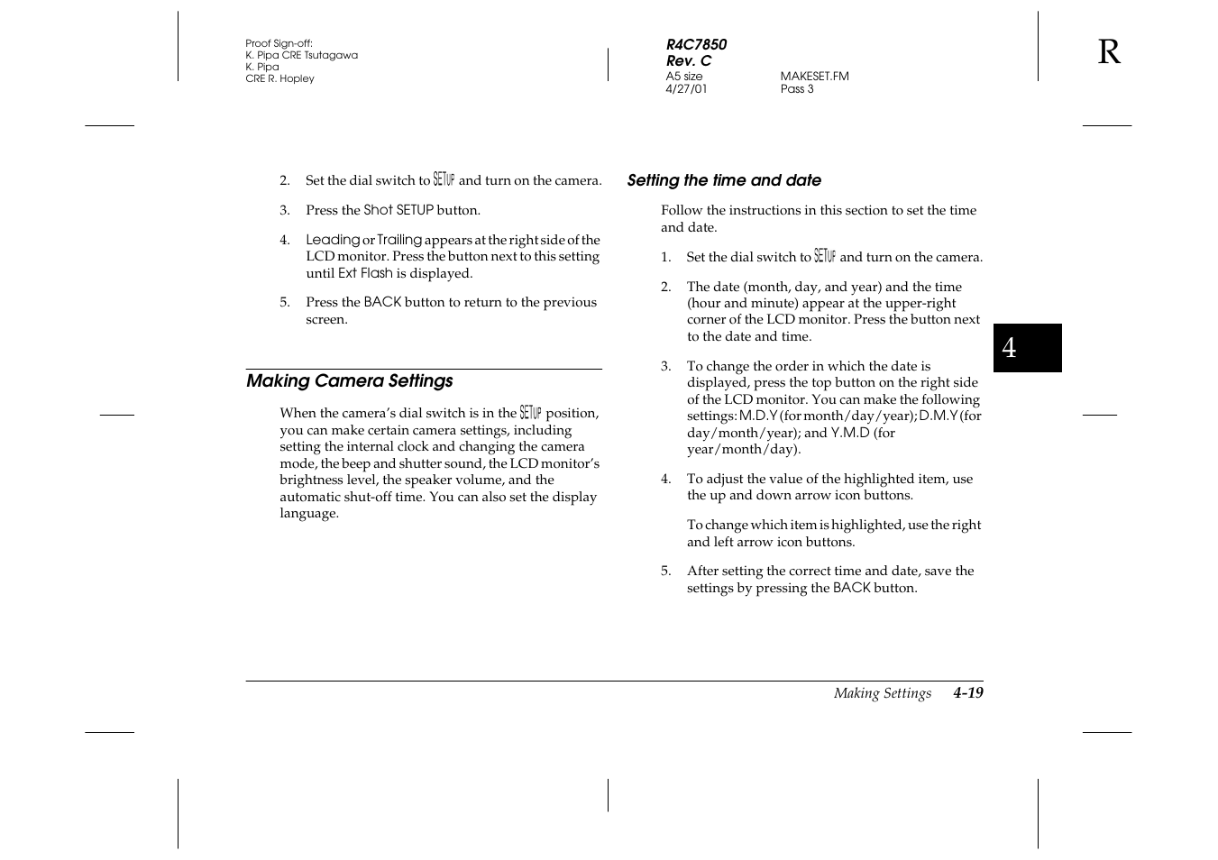 Making camera settings, Setting the time and date, Making camera settings -19 | Setting the time and date -19 | Epson PhotoPC 3100Z User Manual | Page 81 / 143