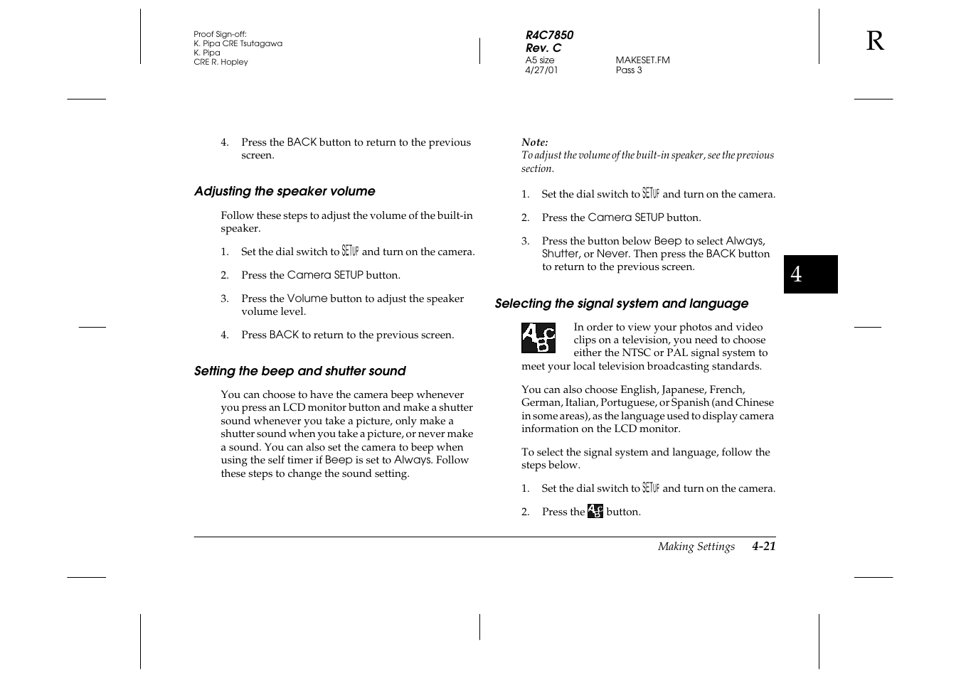 Adjusting the speaker volume, Setting the beep and shutter sound, Selecting the signal system and language | Epson PhotoPC 3100Z User Manual | Page 83 / 143