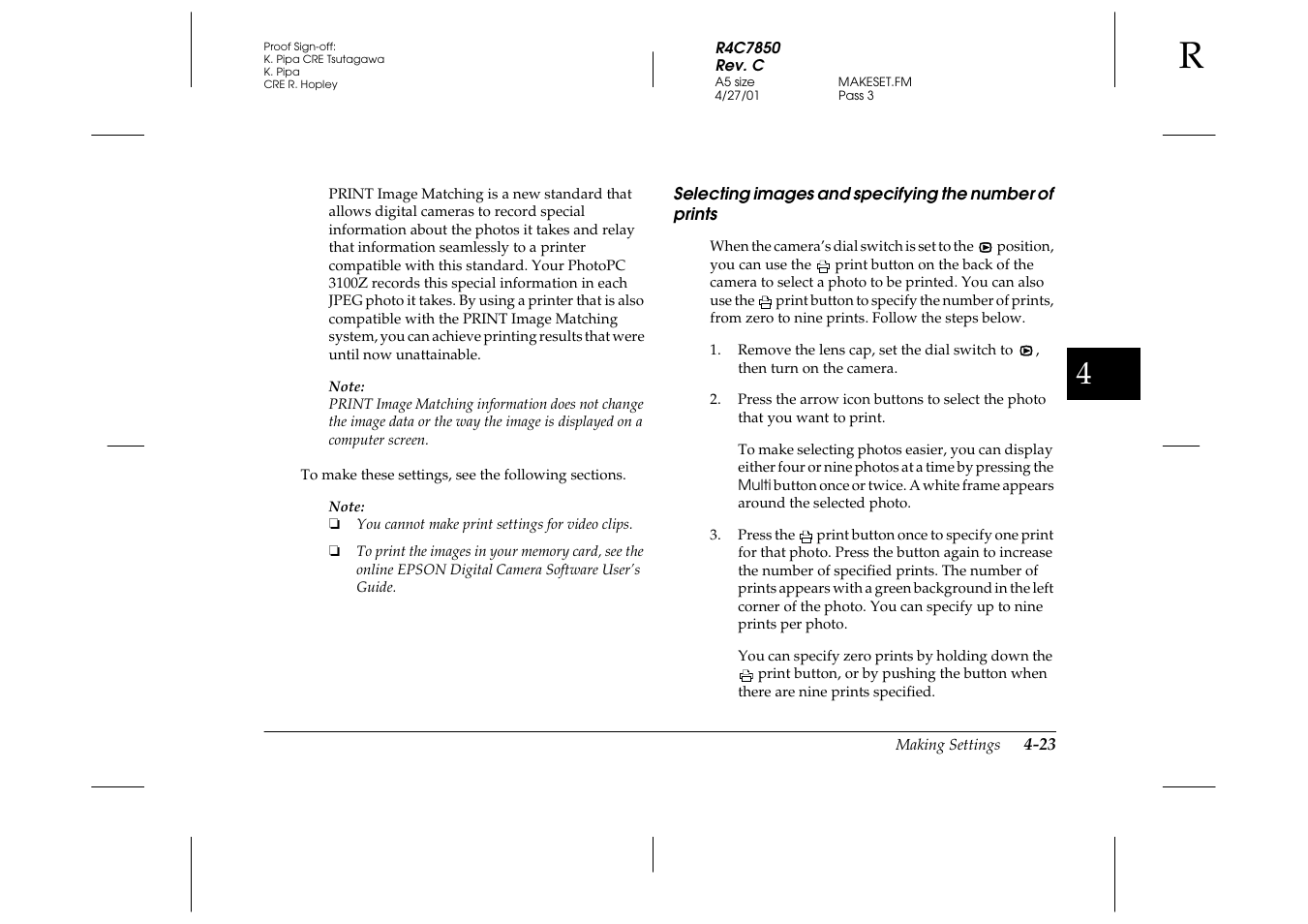Selecting images and specifying the number, Of prints -23 | Epson PhotoPC 3100Z User Manual | Page 85 / 143