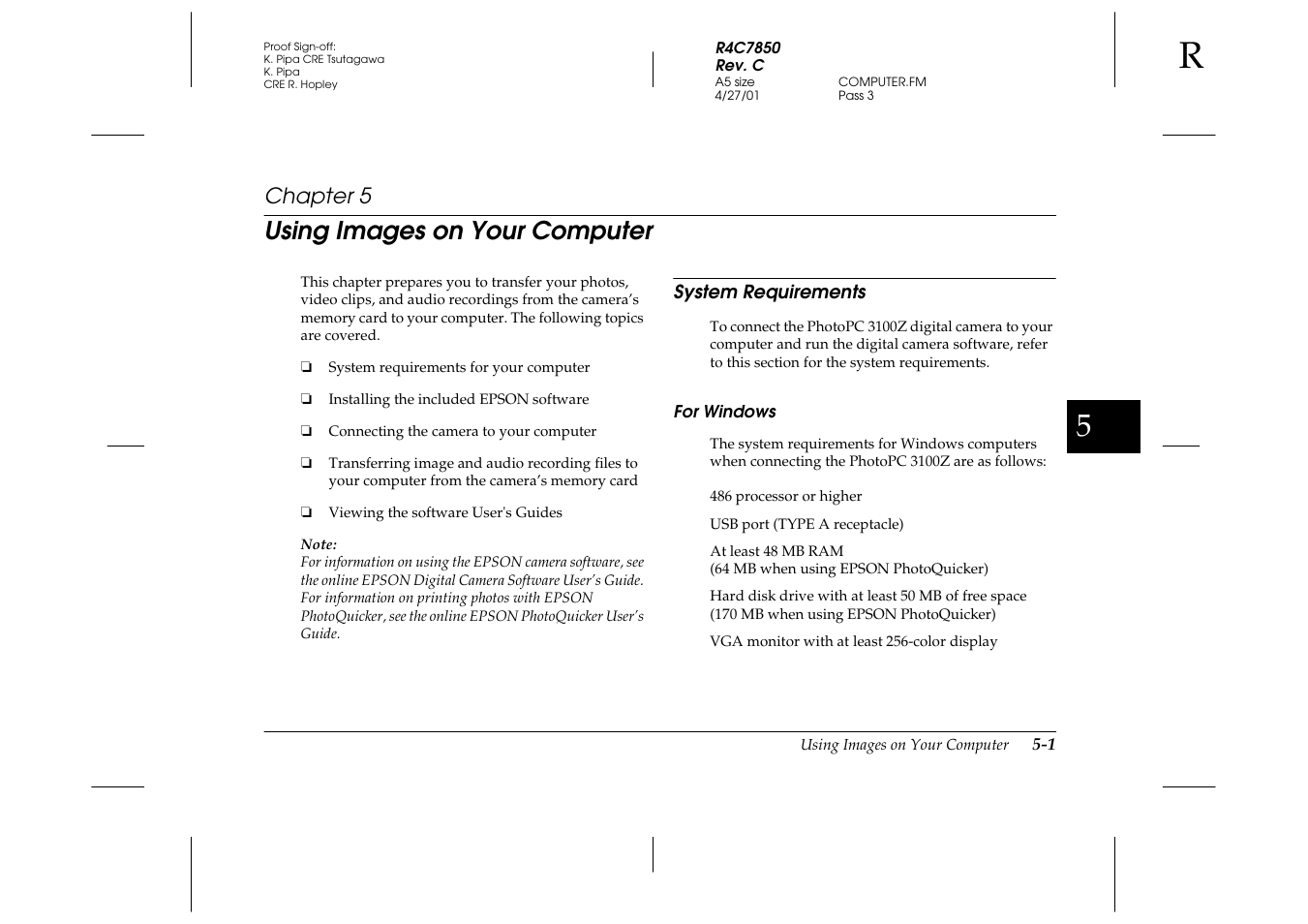 Using images on your computer, System requirements, For windows | Chapter 5 u, System requirements -1, For windows -1, Chapter 5 | Epson PhotoPC 3100Z User Manual | Page 87 / 143