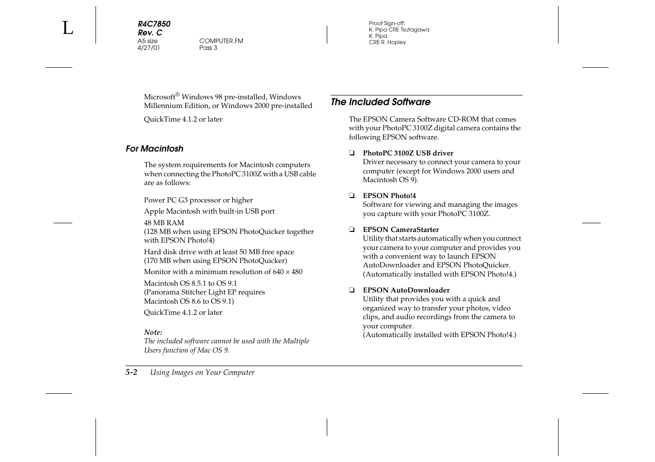 For macintosh, The included software, For macintosh -2 | The included software -2 | Epson PhotoPC 3100Z User Manual | Page 88 / 143