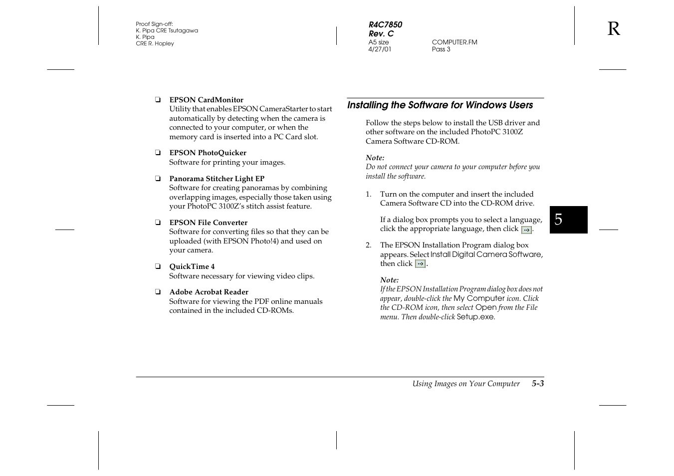 Installing the software for windows users, Installing the software for windows users -3 | Epson PhotoPC 3100Z User Manual | Page 89 / 143