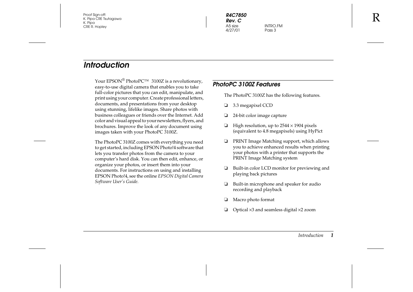 Introduction, Photopc 3100z features | Epson PhotoPC 3100Z User Manual | Page 9 / 143