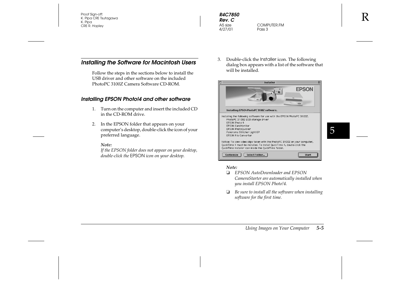 Installing the software for macintosh users, Installing epson photo!4 and other software, Installing the software for macintosh users -5 | Installing epson photo!4 and other, Software -5 | Epson PhotoPC 3100Z User Manual | Page 91 / 143