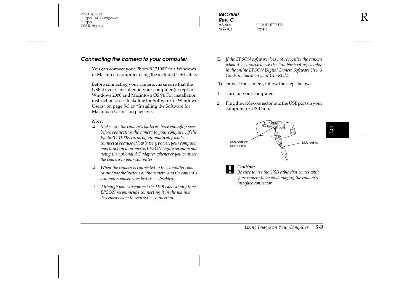 Connecting the camera to your computer, Connecting the camera to your computer -9 | Epson PhotoPC 3100Z User Manual | Page 95 / 143