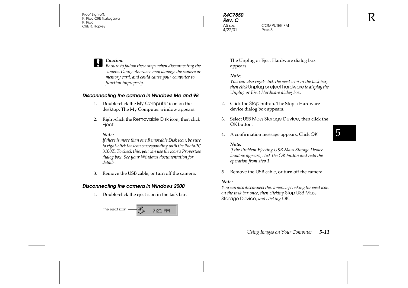 Disconnecting the camera in windows me and 98, Disconnecting the camera in windows 2000 | Epson PhotoPC 3100Z User Manual | Page 97 / 143