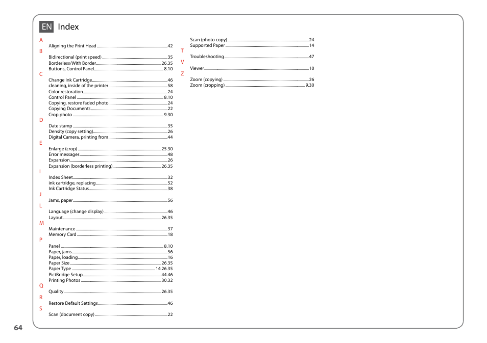 Index | Epson TX410 User Manual | Page 64 / 68