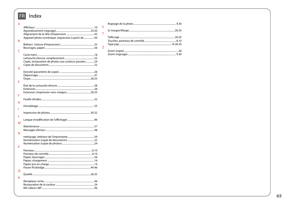 Index fr | Epson TX410 User Manual | Page 65 / 68