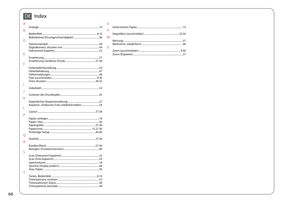 Index de | Epson TX410 User Manual | Page 66 / 68