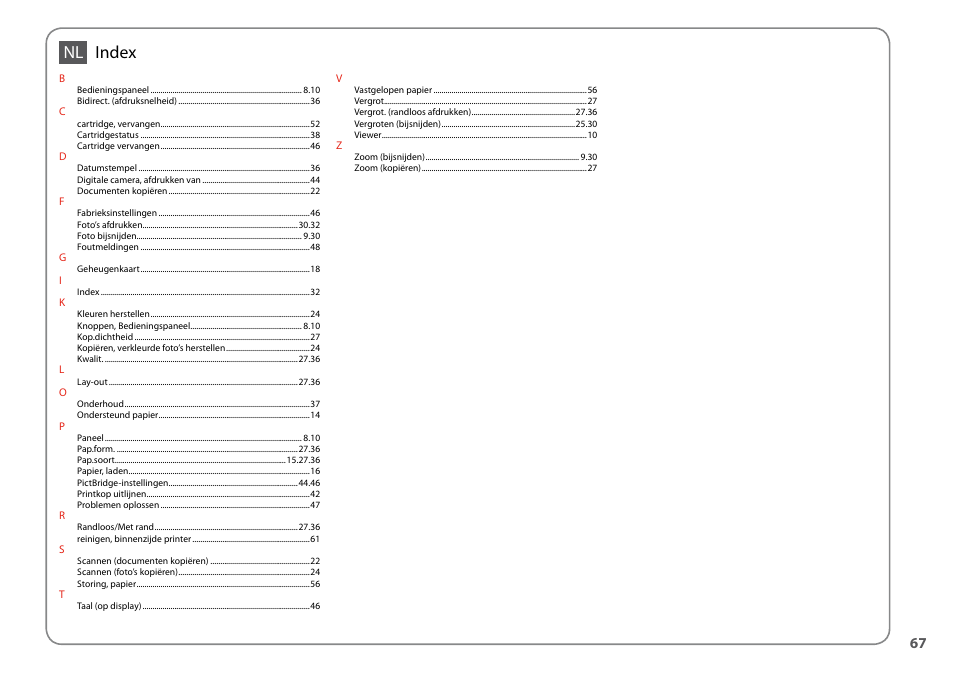 Index nl | Epson TX410 User Manual | Page 67 / 68