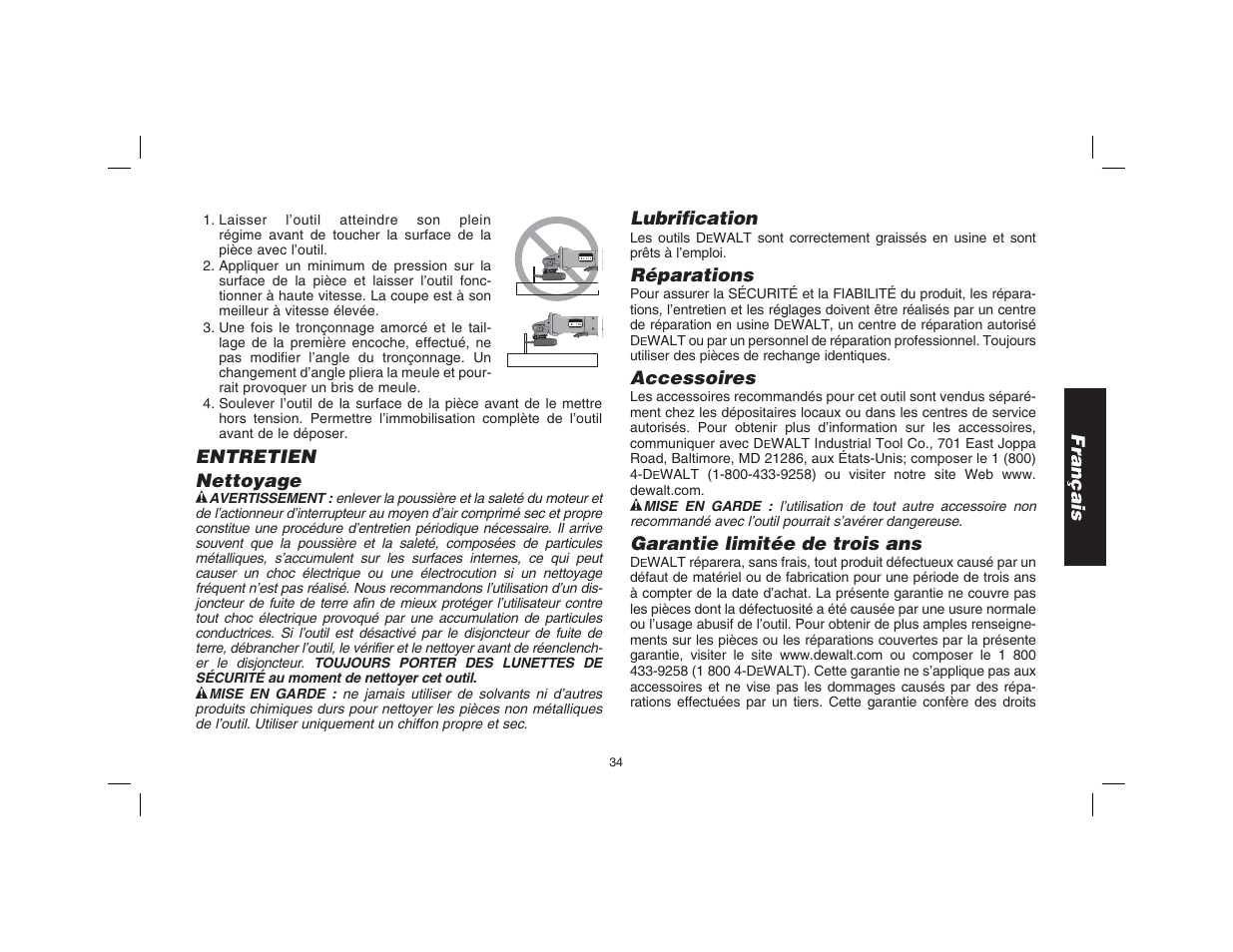 Français, Entretien nettoyage, Lubrification | Réparations, Accessoires, Garantie limitée de trois ans | Epson D28114 User Manual | Page 35 / 56