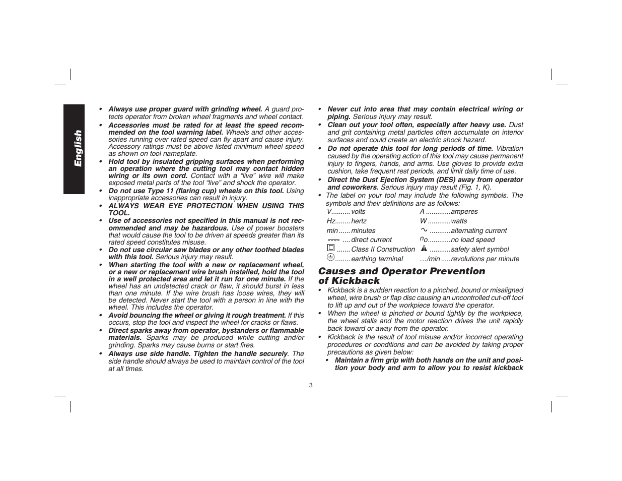 English, Causes and operator prevention of kickback | Epson D28114 User Manual | Page 4 / 56