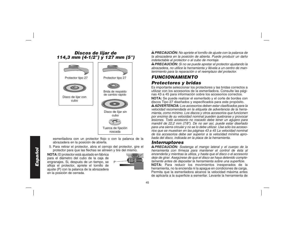 Español, Funcionamiento protectores y bridas, Interruptores | Epson D28114 User Manual | Page 46 / 56