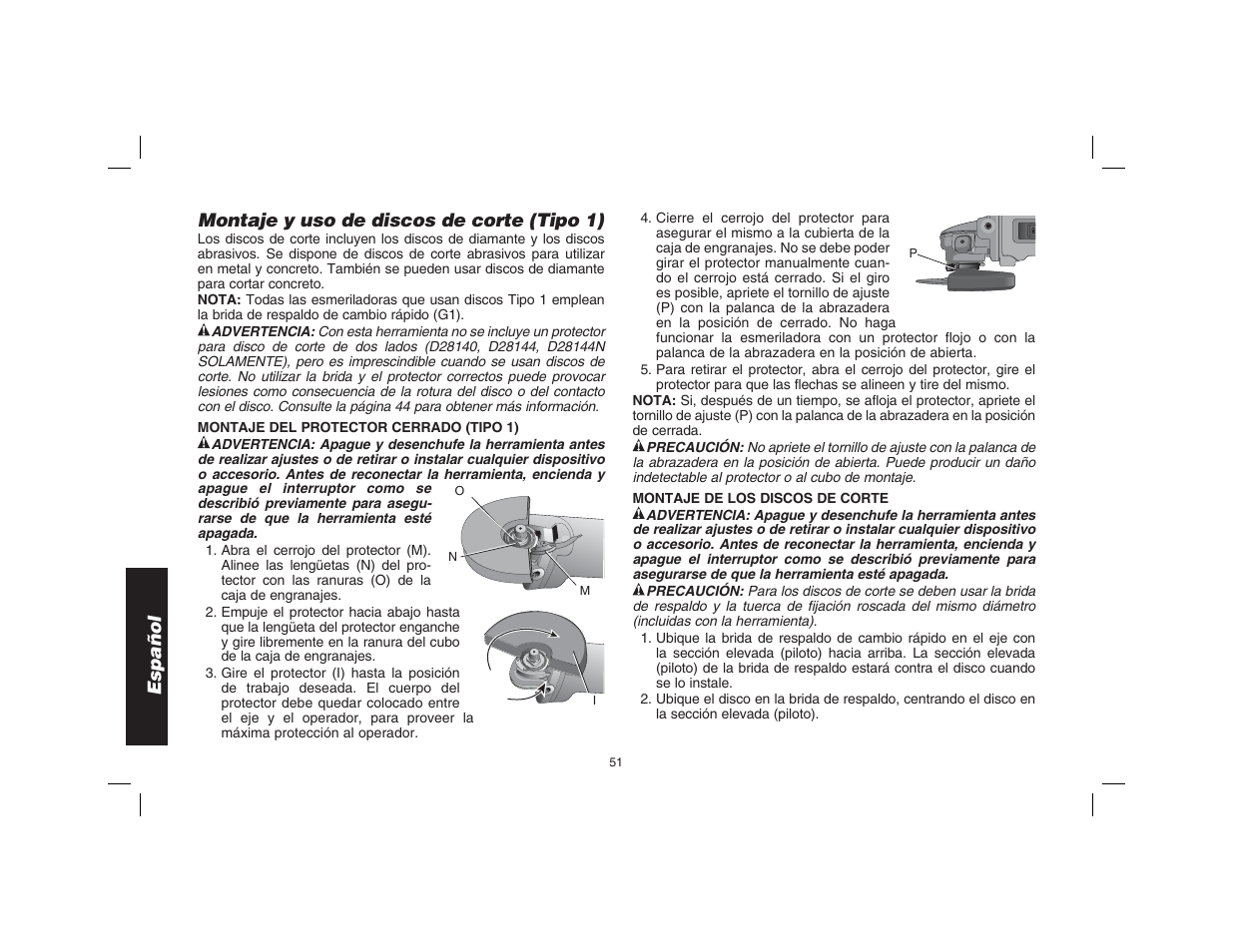 Español, Montaje y uso de discos de corte (tipo 1) | Epson D28114 User Manual | Page 52 / 56