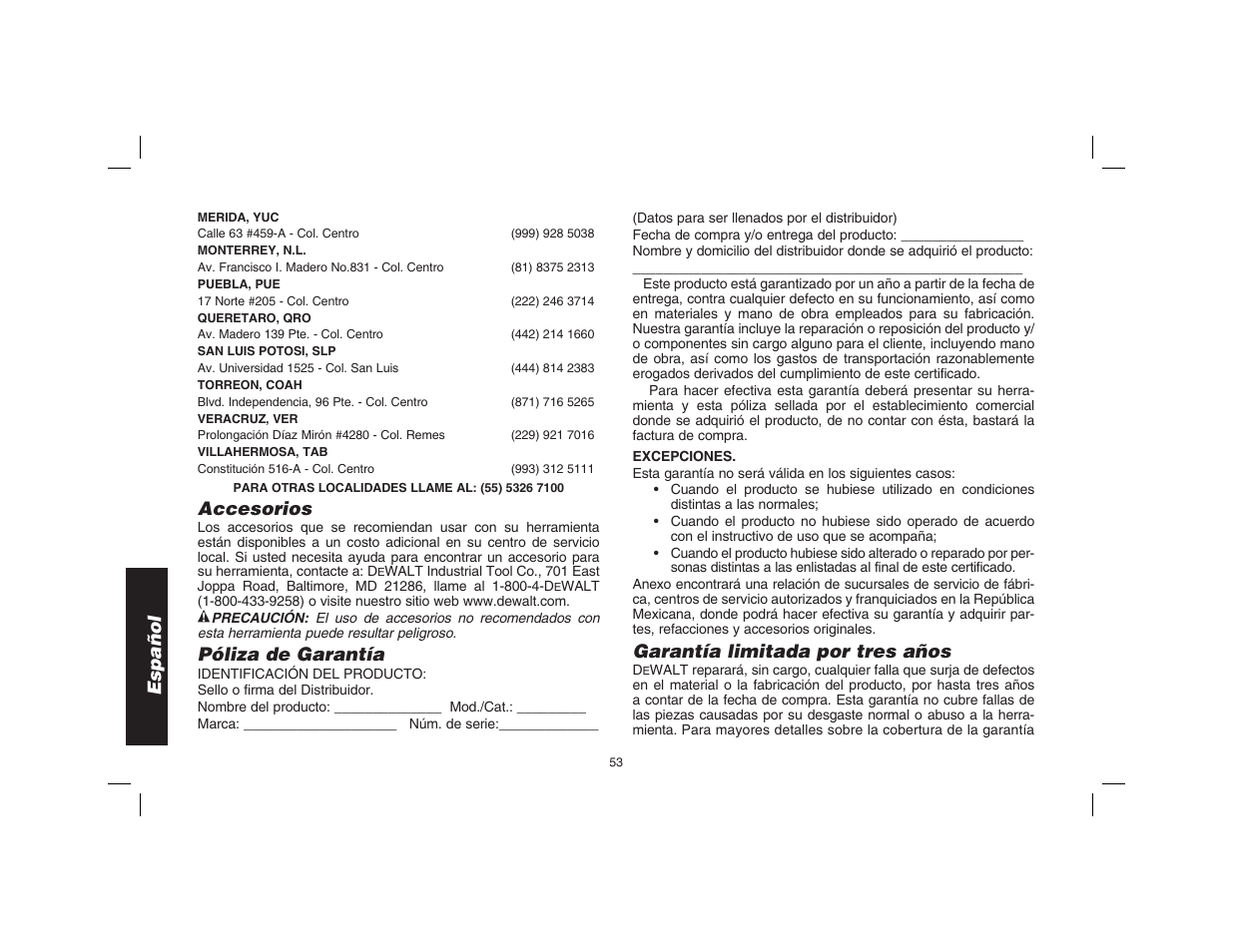 Español, Accesorios, Póliza de garantía | Garantía limitada por tres años | Epson D28114 User Manual | Page 54 / 56