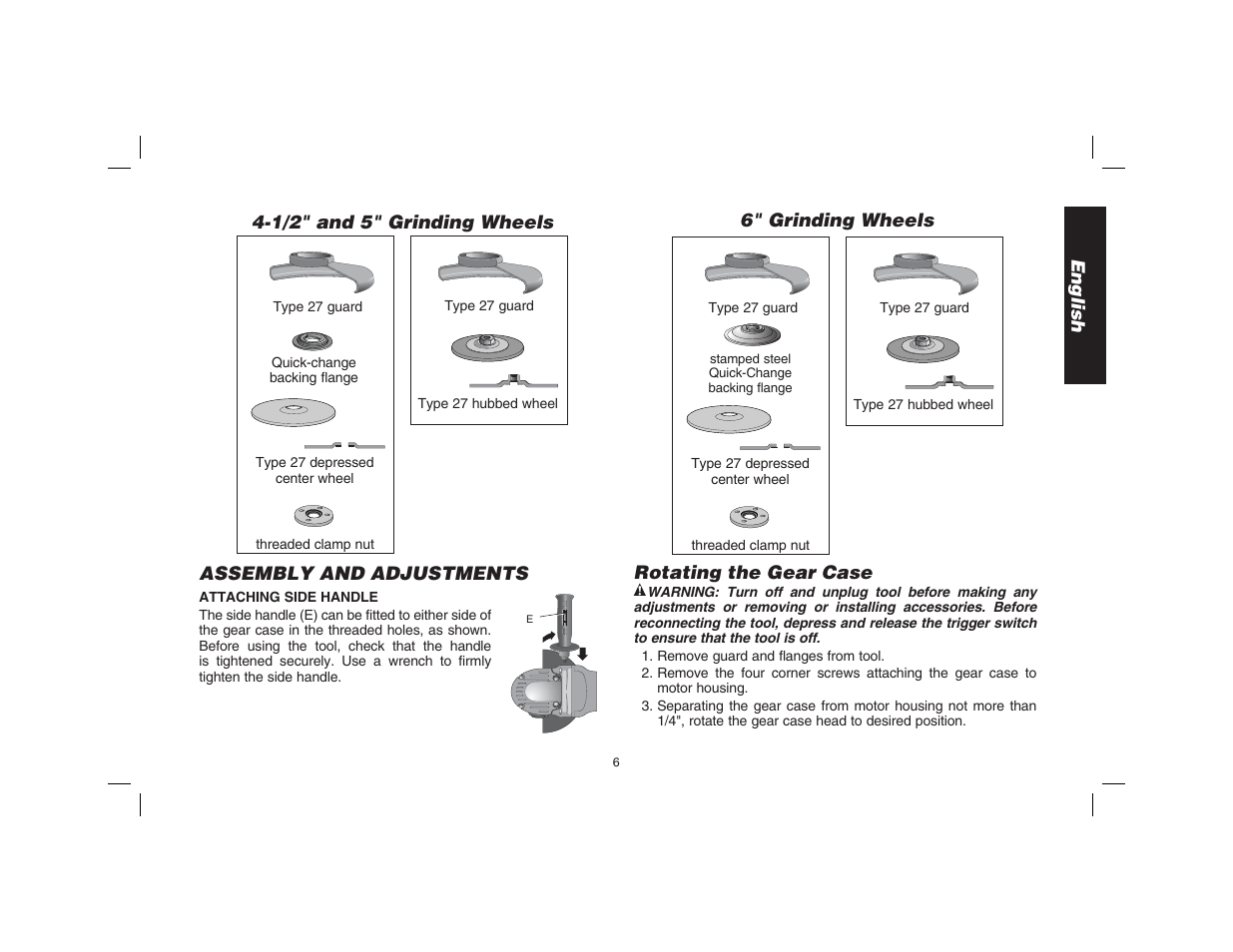 English, Assembly and adjustments, Rotating the gear case | 1/2" and 5" grinding wheels, 6" grinding wheels | Epson D28114 User Manual | Page 7 / 56