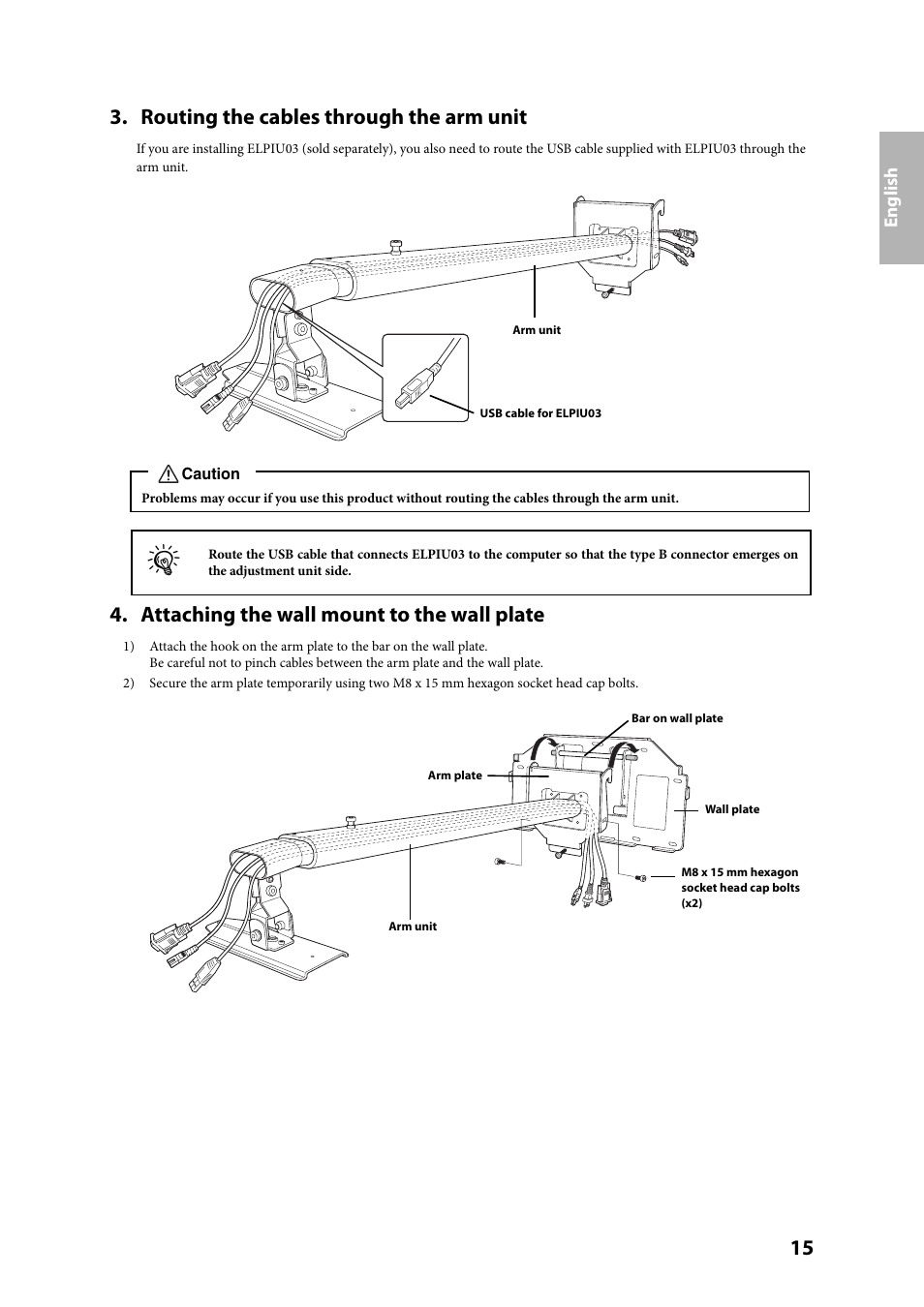 Routing the cables through the arm unit, Attaching the wall mount to the wall plate | Epson ELPMB27 User Manual | Page 15 / 20