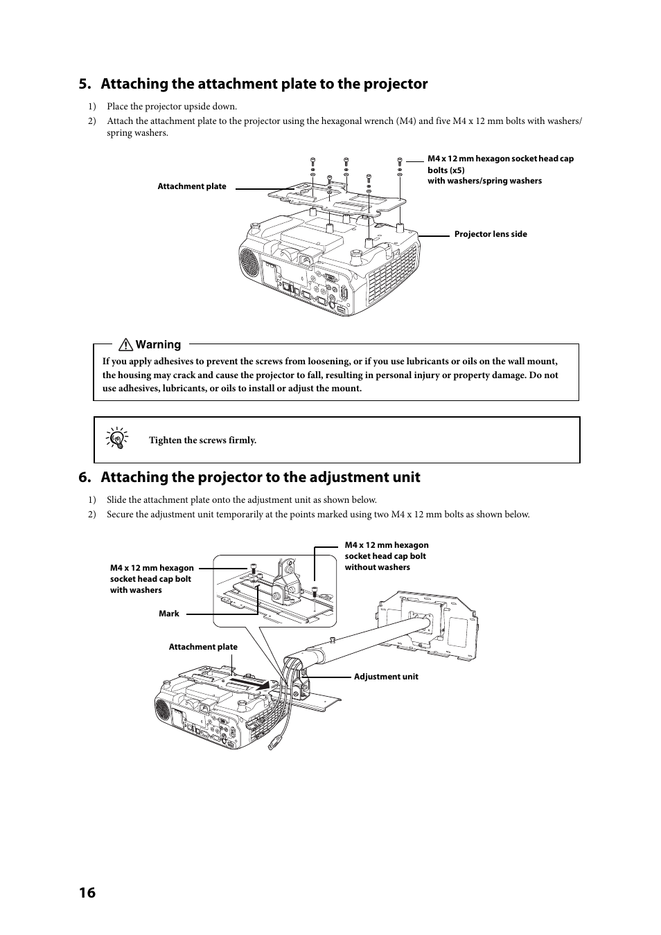 Attaching the attachment plate to the projector, Attaching the projector to the adjustment unit | Epson ELPMB27 User Manual | Page 16 / 20