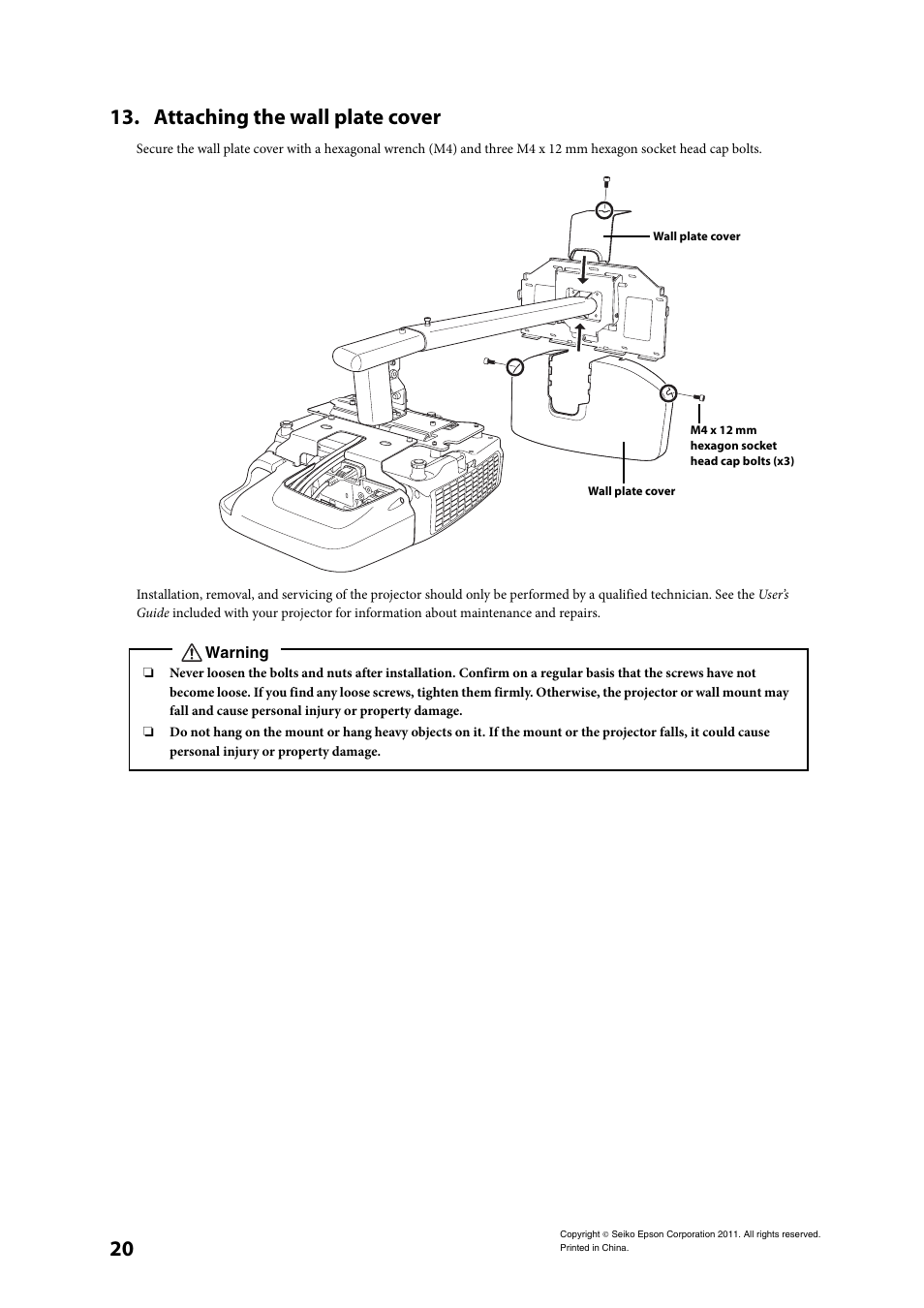 Attaching the wall plate cover, 20 13. attaching the wall plate cover | Epson ELPMB27 User Manual | Page 20 / 20