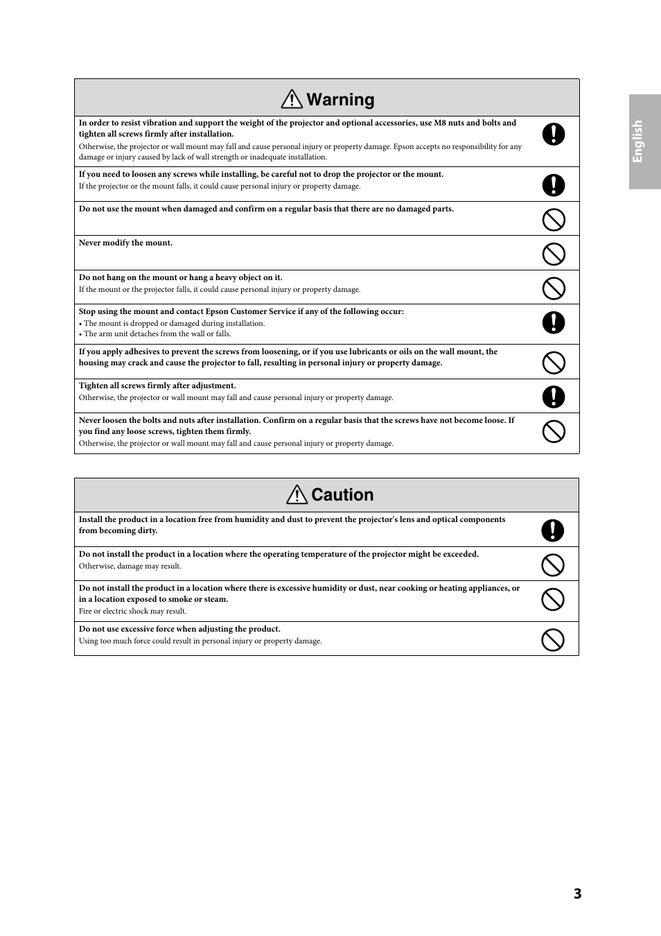 Caution, Warning, English | Epson ELPMB27 User Manual | Page 3 / 20