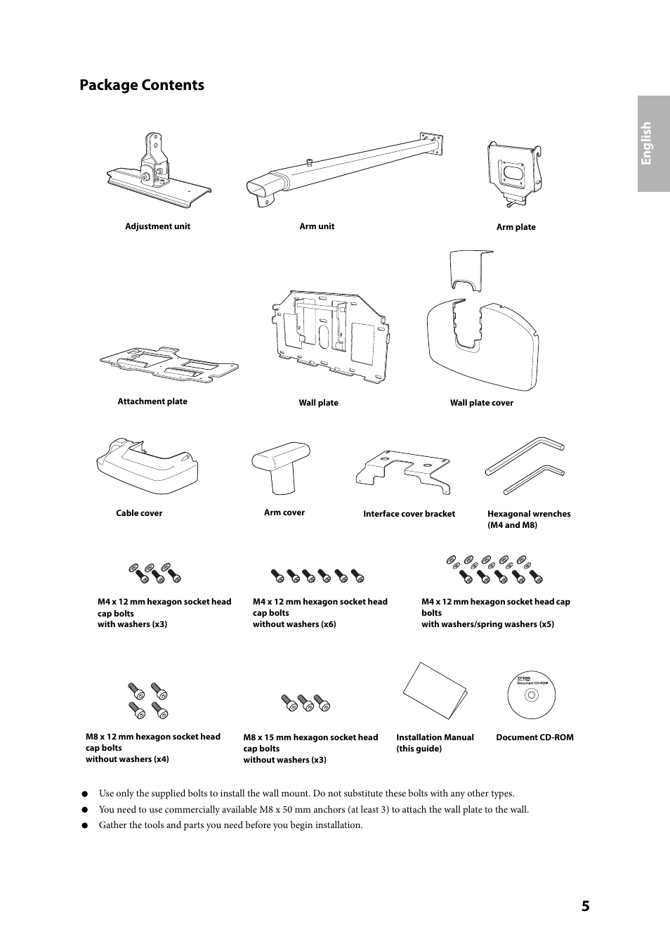 Package contents, English | Epson ELPMB27 User Manual | Page 5 / 20