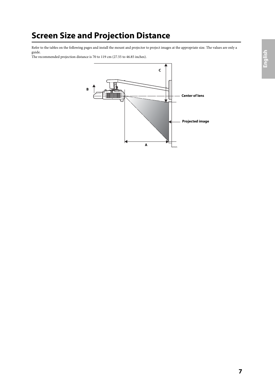 Screen size and projection distance | Epson ELPMB27 User Manual | Page 7 / 20