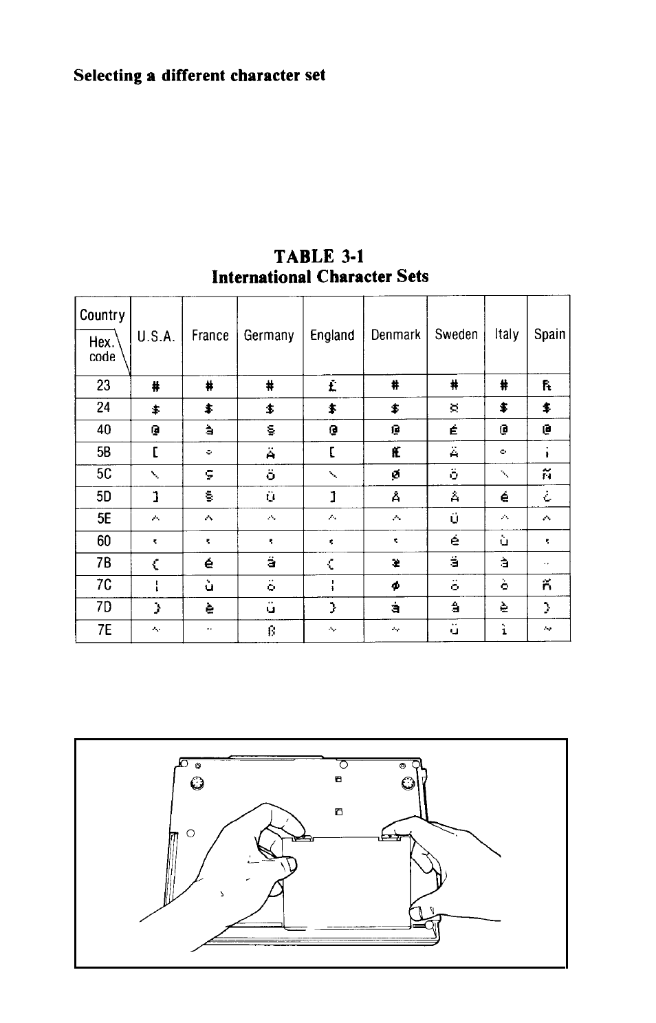 Selecting a different character set | Epson HX-20 User Manual | Page 32 / 75