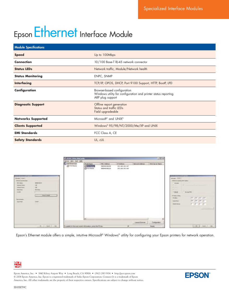 Ethernet, Epson, Interface module | Specialized interface modules | Epson Connect-It SD-DSETHC User Manual | Page 2 / 2