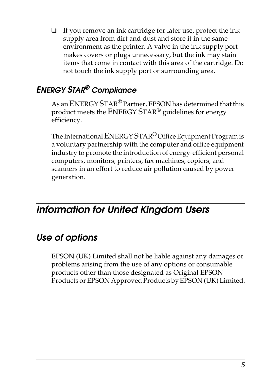 Energy star® compliance, Information for united kingdom users, Use of options | Epson 1290 User Manual | Page 11 / 76