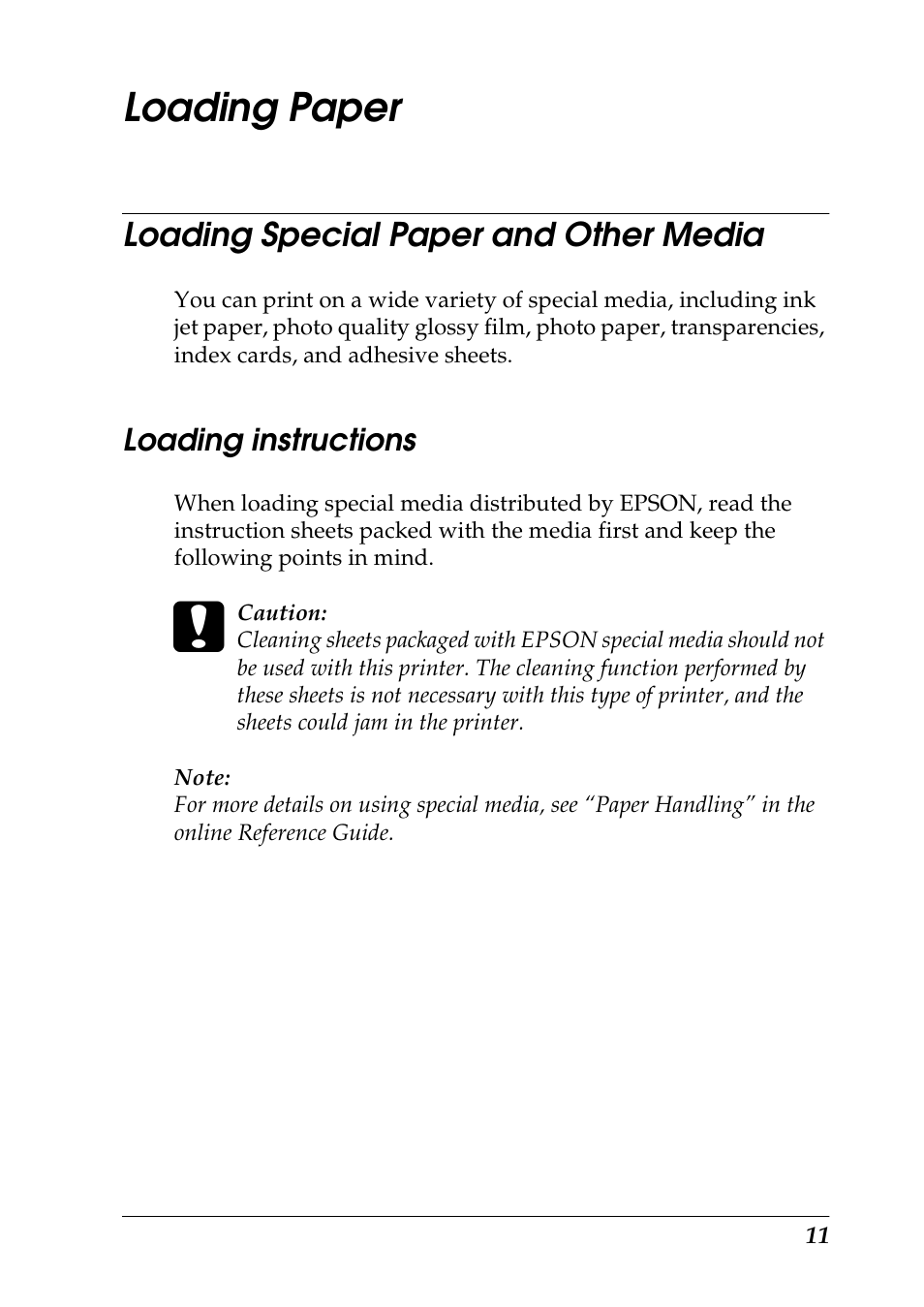 Loading paper, Loading special paper and other media, Loading instructions | Epson 1290 User Manual | Page 17 / 76