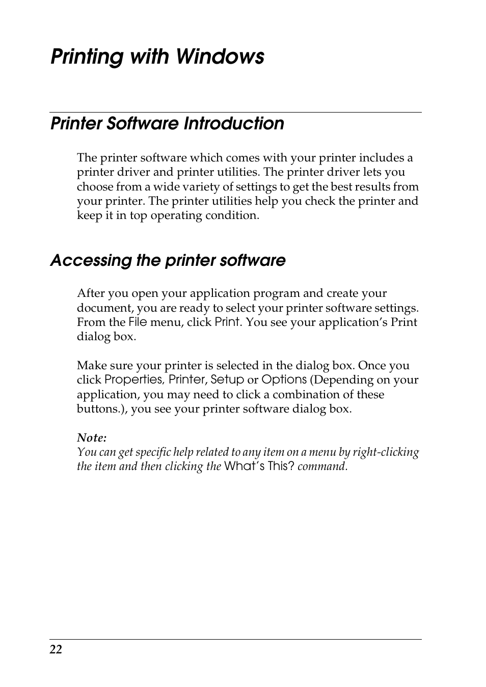 Printing with windows, Printer software introduction, Accessing the printer software | Epson 1290 User Manual | Page 28 / 76