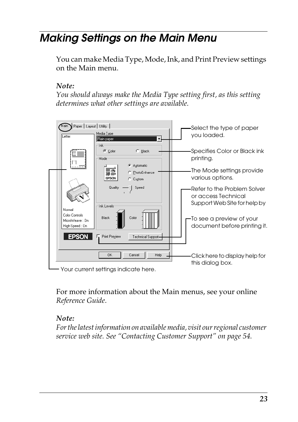 Making settings on the main menu | Epson 1290 User Manual | Page 29 / 76