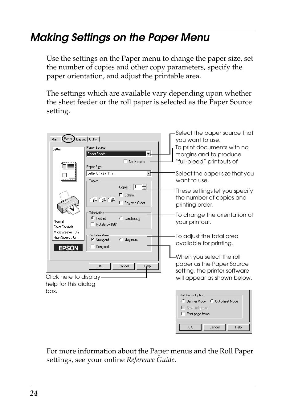 Making settings on the paper menu | Epson 1290 User Manual | Page 30 / 76