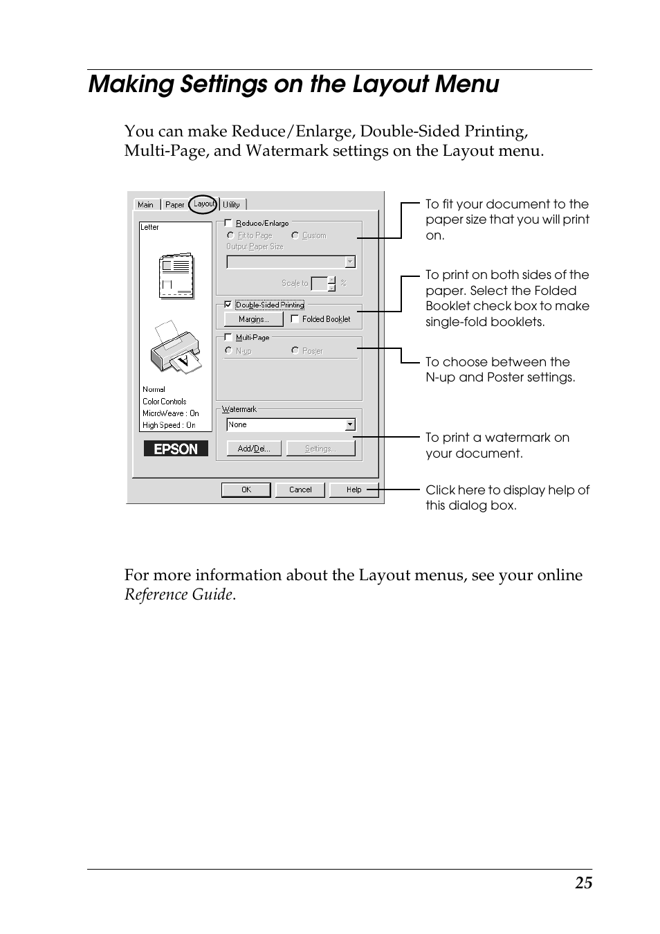 Making settings on the layout menu | Epson 1290 User Manual | Page 31 / 76