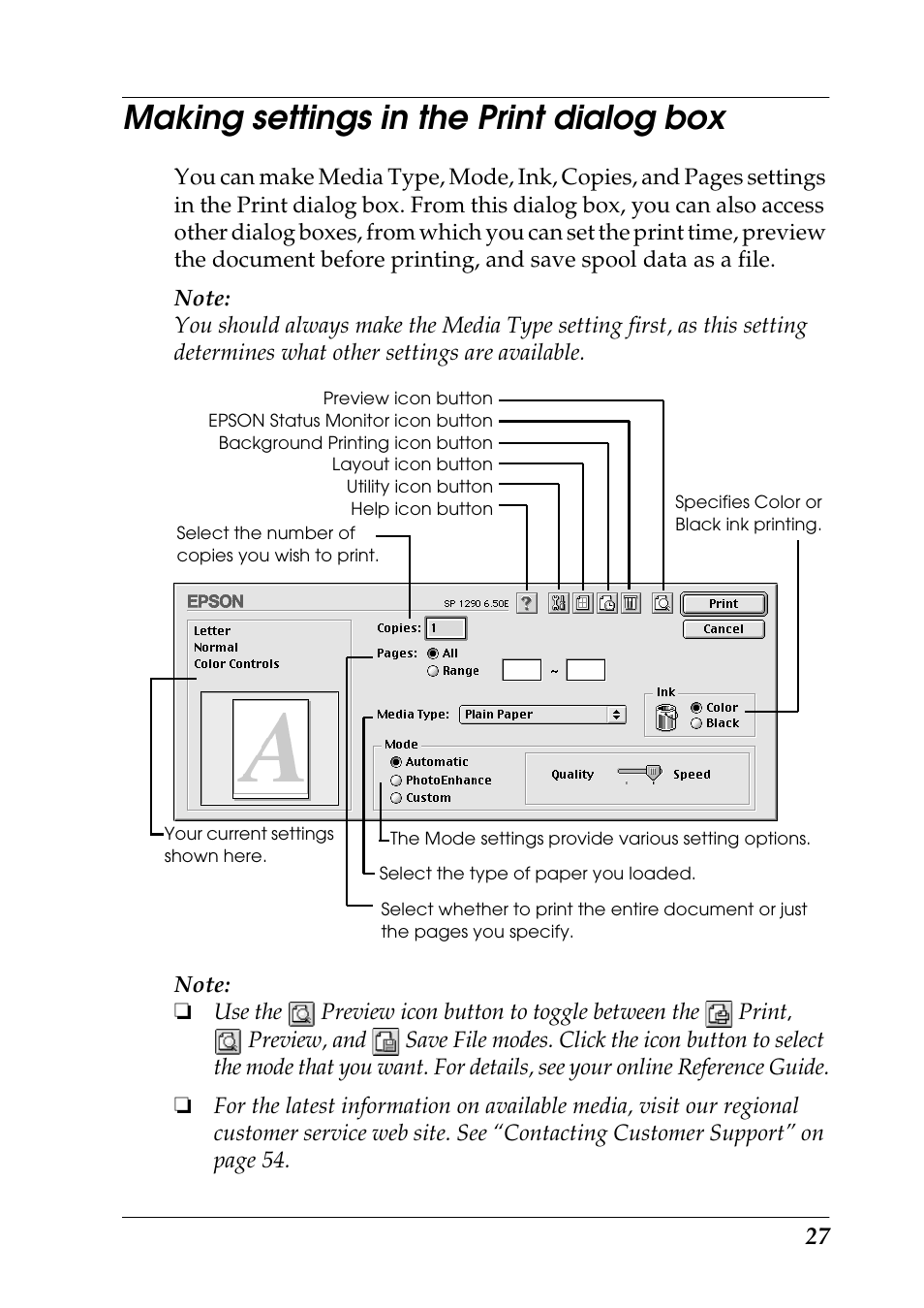 Making settings in the print dialog box | Epson 1290 User Manual | Page 33 / 76