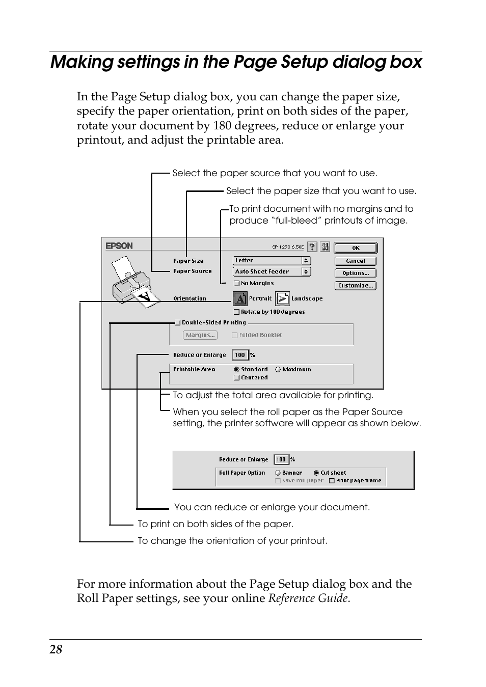 Making settings in the page setup dialog box | Epson 1290 User Manual | Page 34 / 76