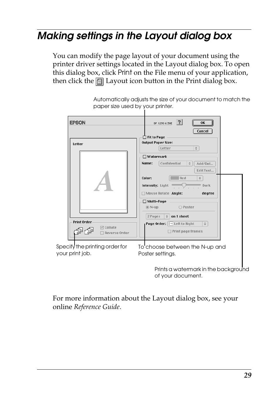 Making settings in the layout dialog box | Epson 1290 User Manual | Page 35 / 76