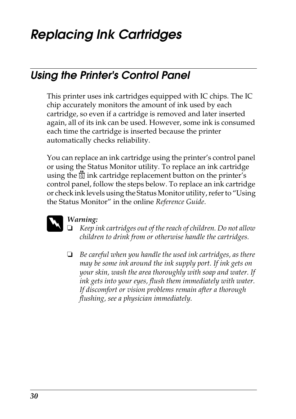 Replacing ink cartridges, Using the printer's control panel | Epson 1290 User Manual | Page 36 / 76