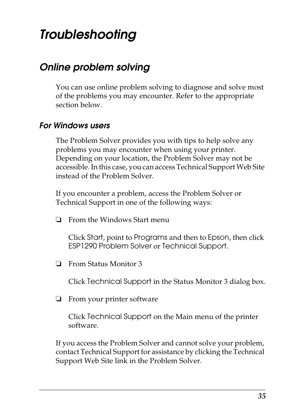 Troubleshooting, Online problem solving, For windows users | Epson 1290 User Manual | Page 41 / 76