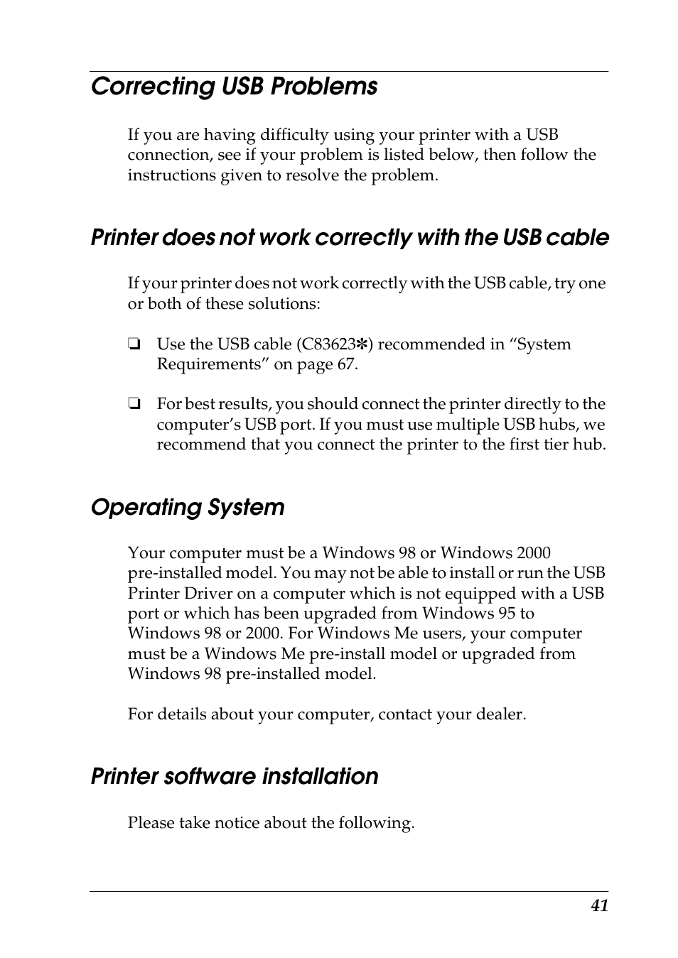 Correcting usb problems, Printer does not work correctly with the usb cable, Operating system | Printer software installation | Epson 1290 User Manual | Page 47 / 76