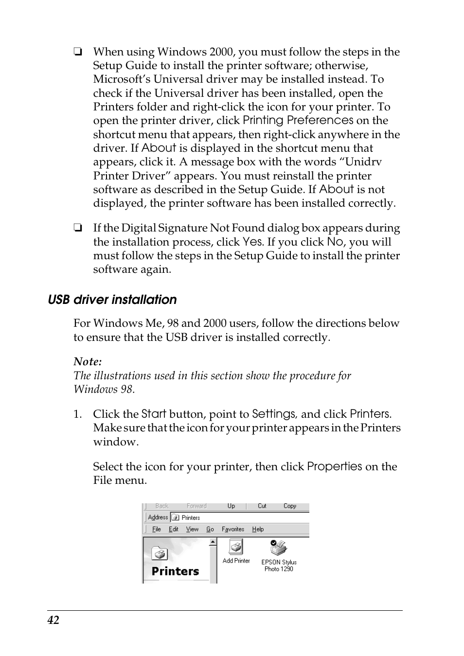 Usb driver installation | Epson 1290 User Manual | Page 48 / 76