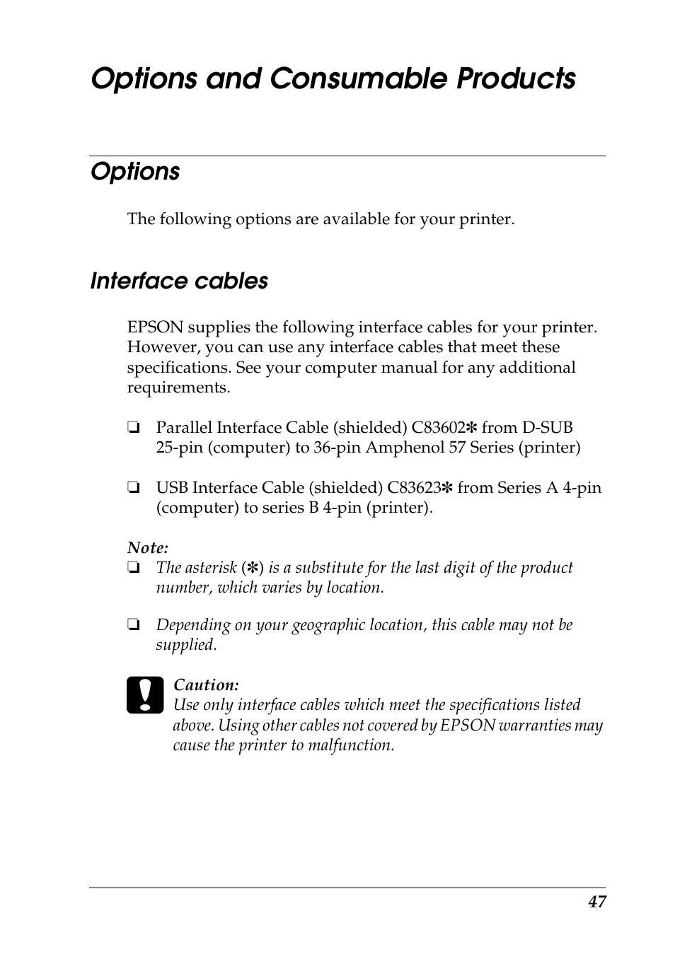 Options and consumable products, Options, Interface cables | Epson 1290 User Manual | Page 53 / 76