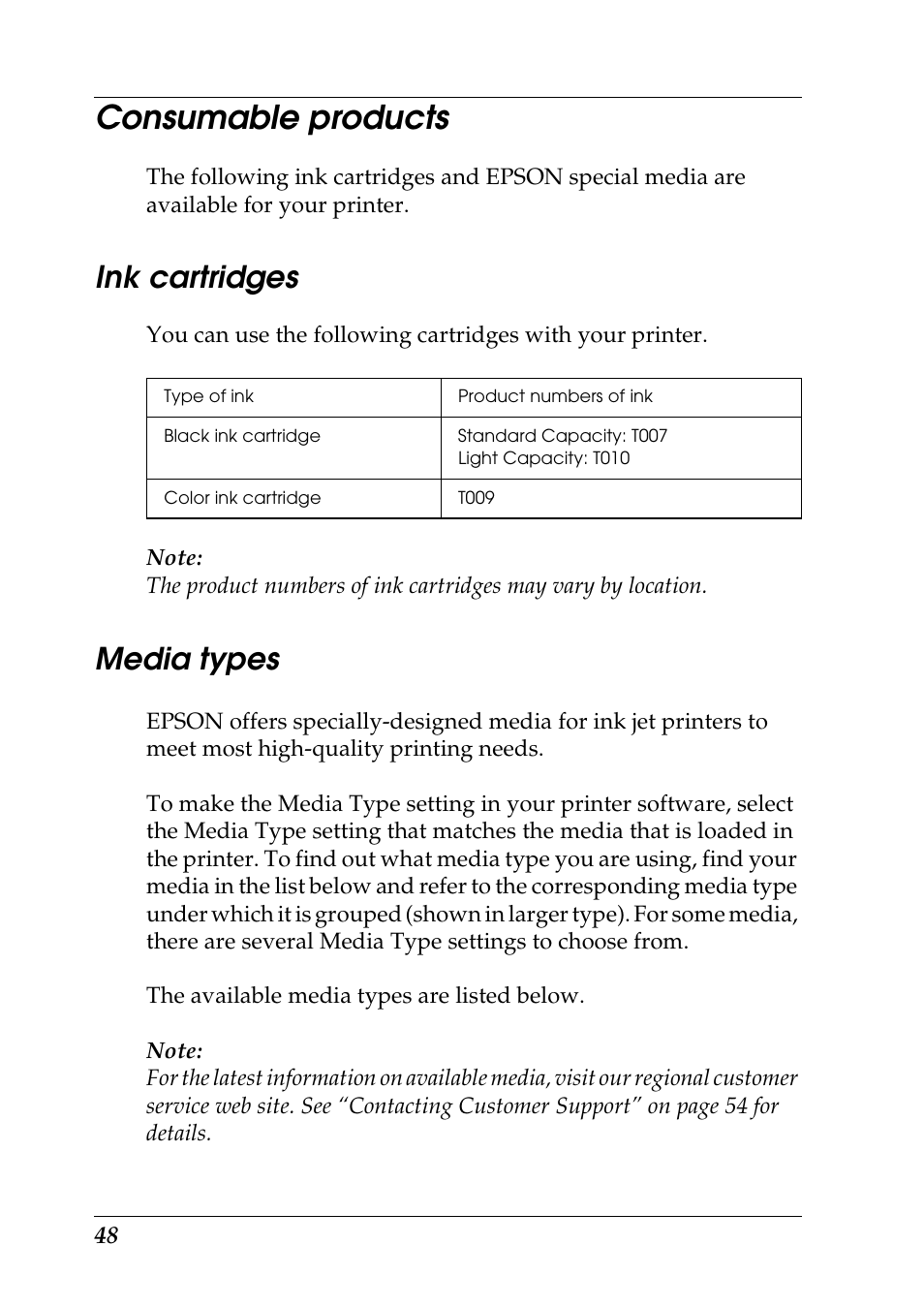 Consumable products, Ink cartridges, Media types | Epson 1290 User Manual | Page 54 / 76