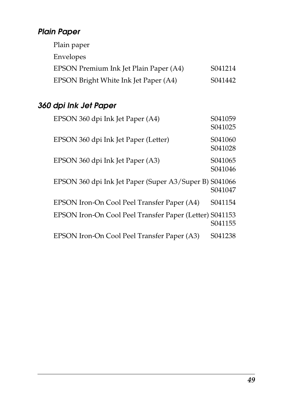 Plain paper, 360dpi ink jet paper | Epson 1290 User Manual | Page 55 / 76