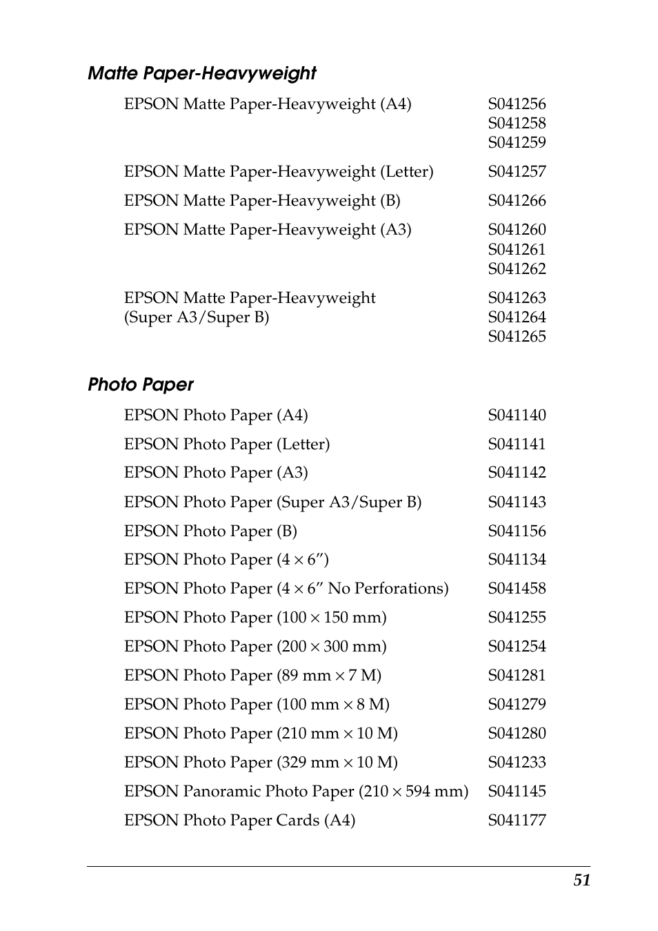 Matte paper-heavyweight, Photo paper | Epson 1290 User Manual | Page 57 / 76