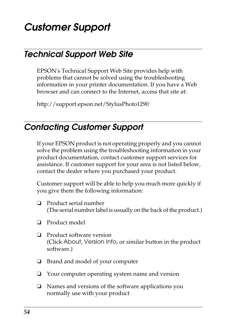 Customer support, Technical support web site, Contacting customer support | Epson 1290 User Manual | Page 60 / 76