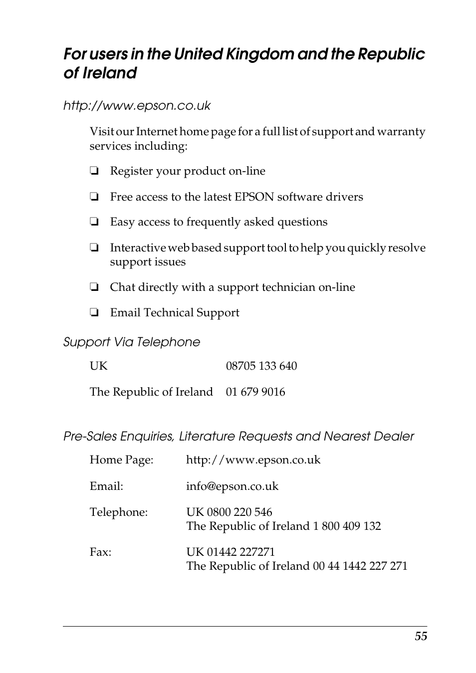 Http://www.epson.co.uk, Support via telephone | Epson 1290 User Manual | Page 61 / 76