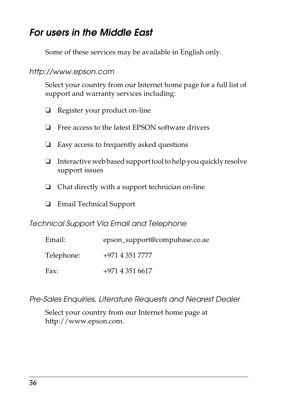 For users in the middle east, Http://www.epson.com, Technical support via email and telephone | Epson 1290 User Manual | Page 62 / 76