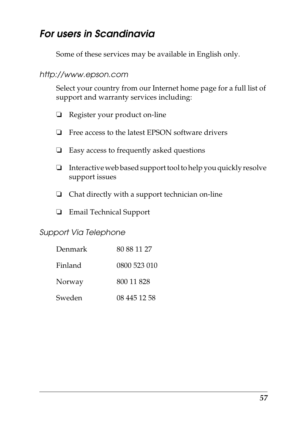 For users in scandinavia, Http://www.epson.com, Support via telephone | Epson 1290 User Manual | Page 63 / 76